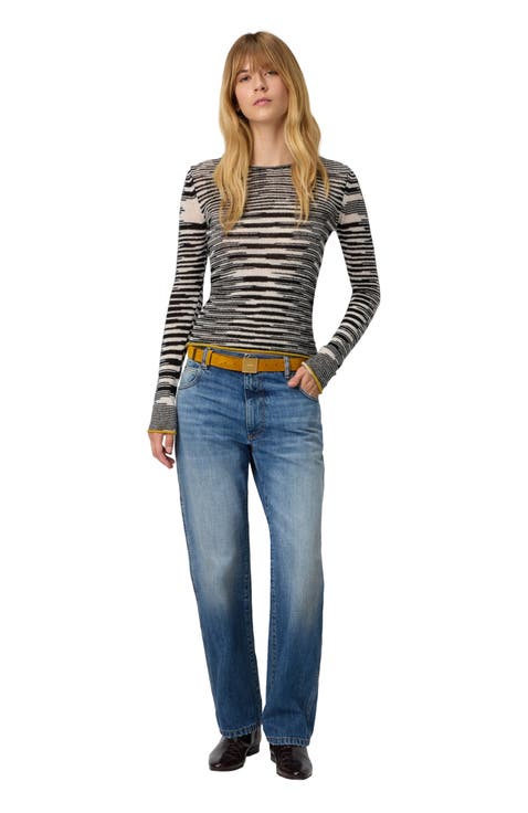 Crew Neck Sweater With Flame Pattern In Cashmere Blend