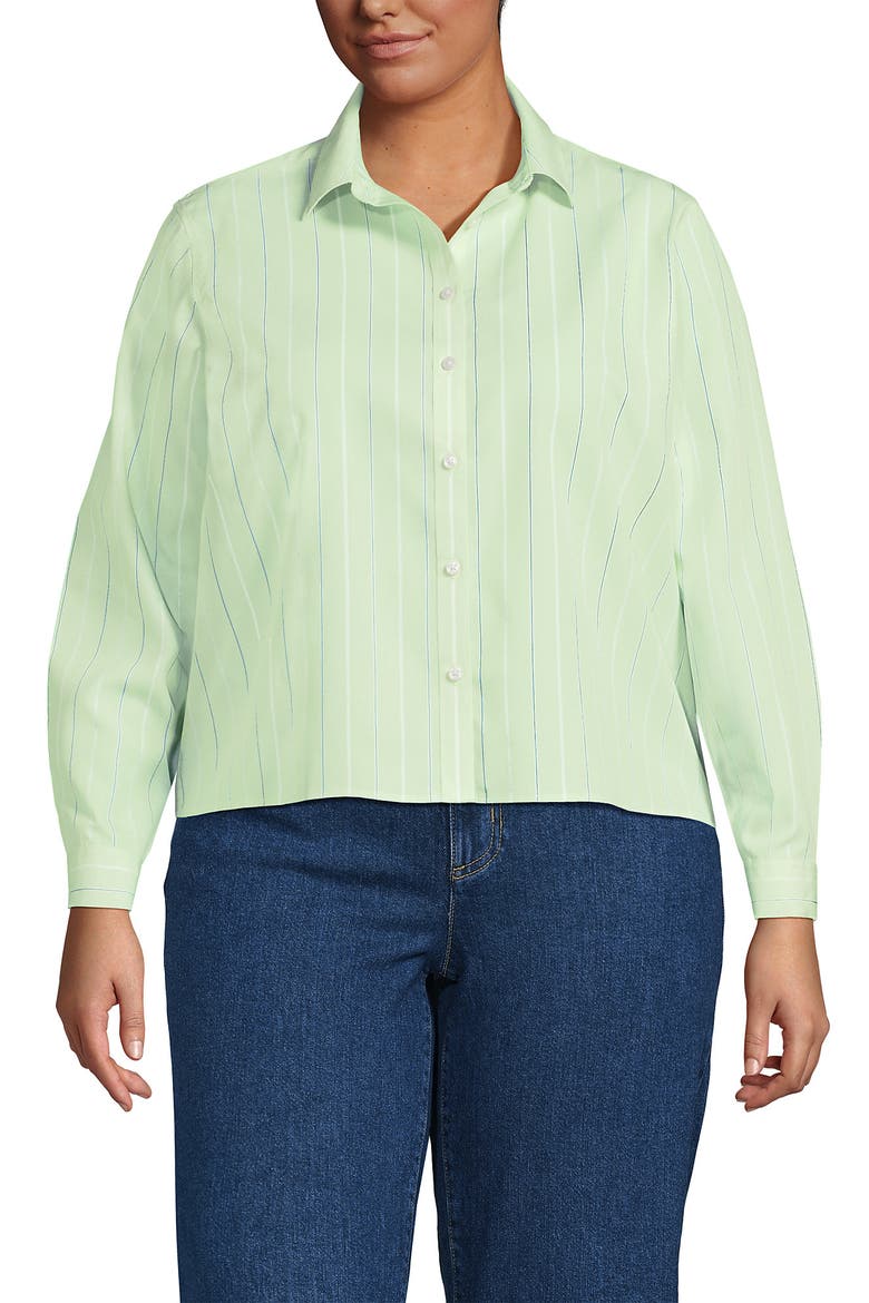 Plus Size No Iron Boxy Cropped Shirt, Main, color, Icy Mint Green Narrow Stripe