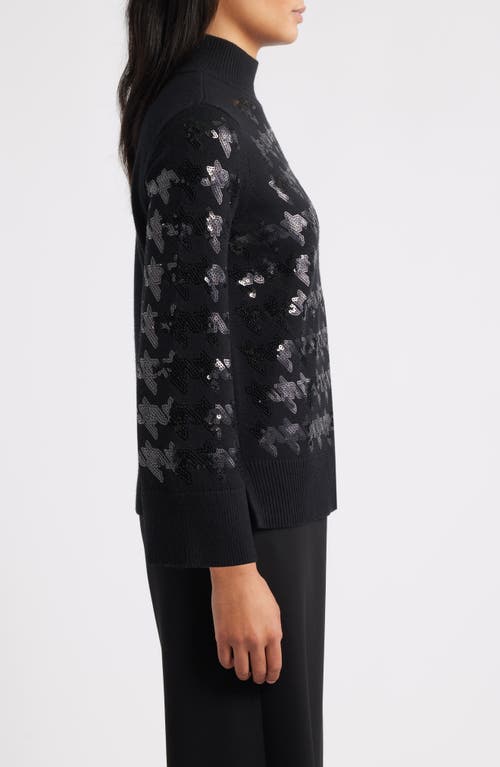 Anne Klein Sequin Houndstooth Mock Neck Sweater In Black