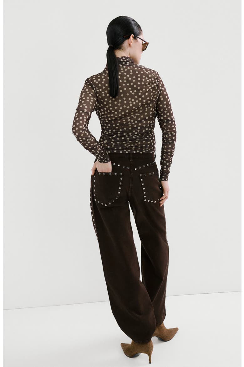 Polka Dot Ruched Turtleneck Mesh Top, Alternate, color, BROWN