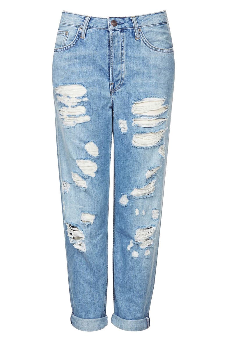 Moto Destroyed Boyfriend Jeans, Alternate, color, LIGHT DENIM