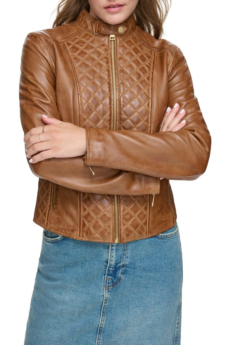 Quilted Panel Leather Jacket, Main, color, COGNAC