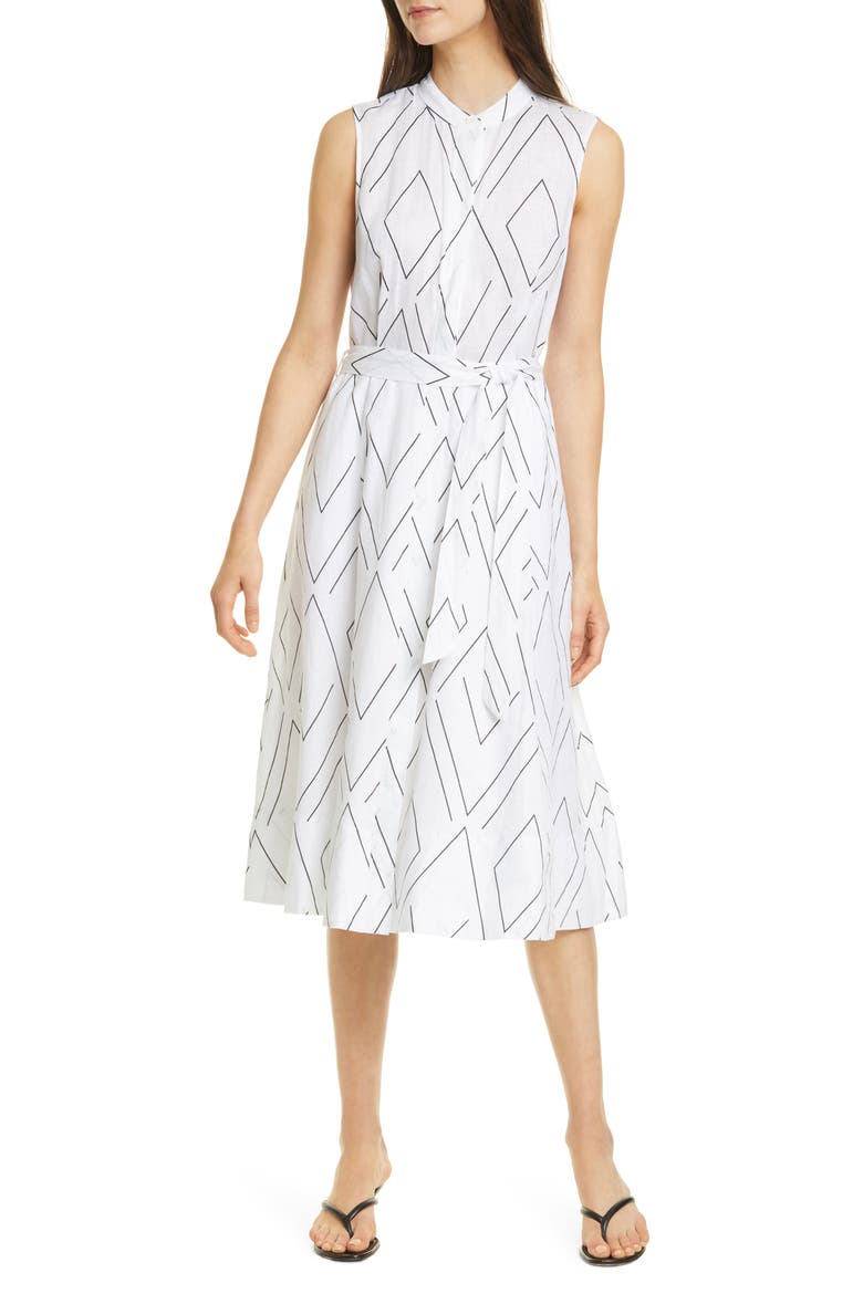 Clevete Geometric Linen Midi Dress, Main, color, BRIGHT WHITE