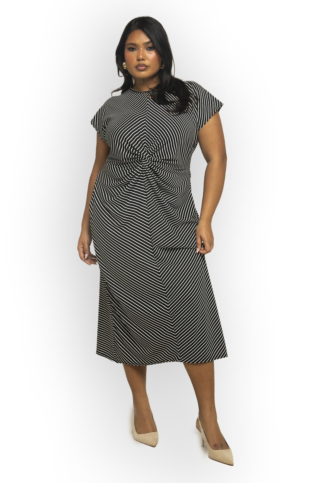 FASHION-SZN CURVE Cinched Striped Print Midi Dress in Black 