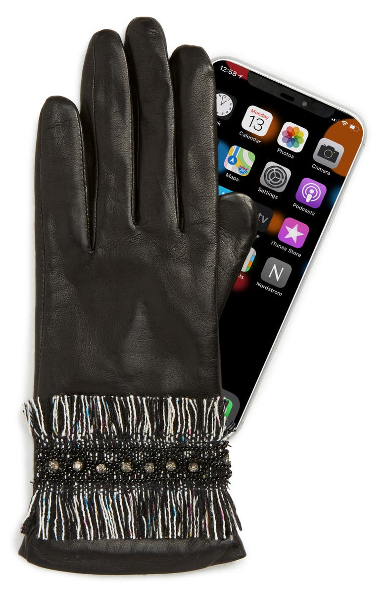Badgley Mischka Collection Badgley Mischka Fringe Cuff Leather Touchscreen Gloves, Alternate, color, 