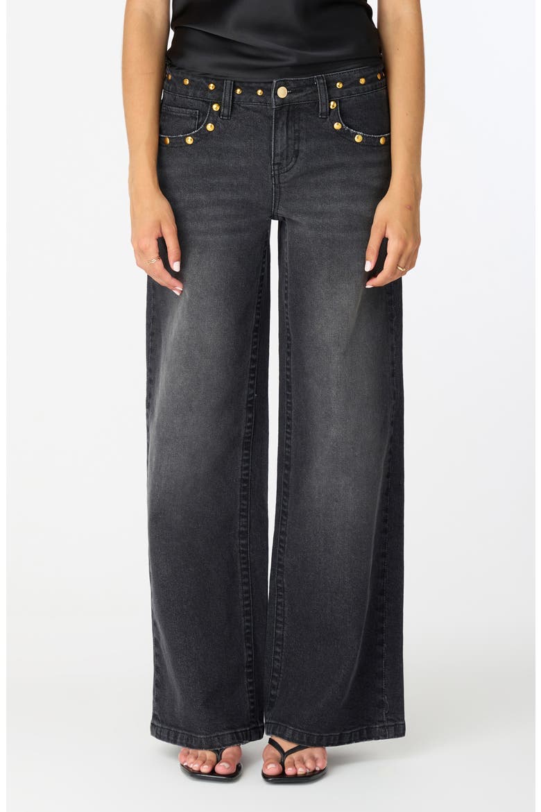Frida Star Studded Low Rise Wide Leg Jeans, Main, color, BLACK TINT WASH
