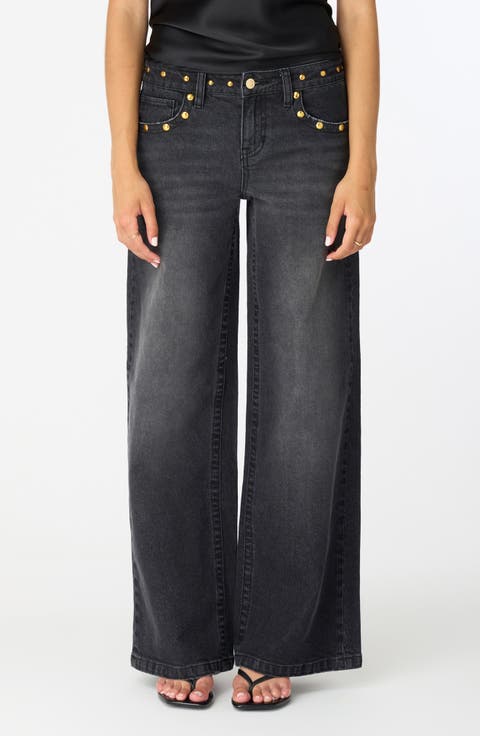 Frida Star Studded Low Rise Wide Leg Jeans