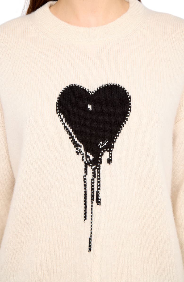 Zadig & Voltaire Markuz Embellished Heart Appliqué Cashmere Crewneck Sweater, Alternate, color, Eggshell
