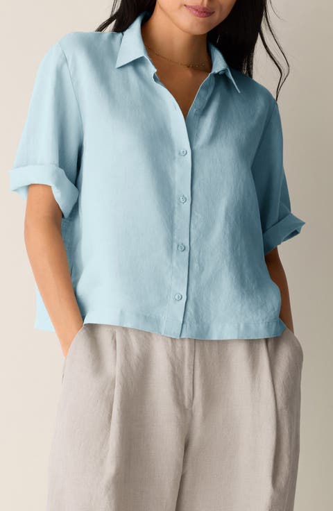 Classic Collar Elbow Sleeve Organic Linen Button-Up Shirt