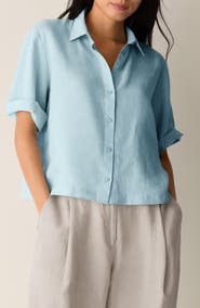 Eileen Fisher Classic Collar Elbow Sleeve Organic Linen Button-Up Shirt