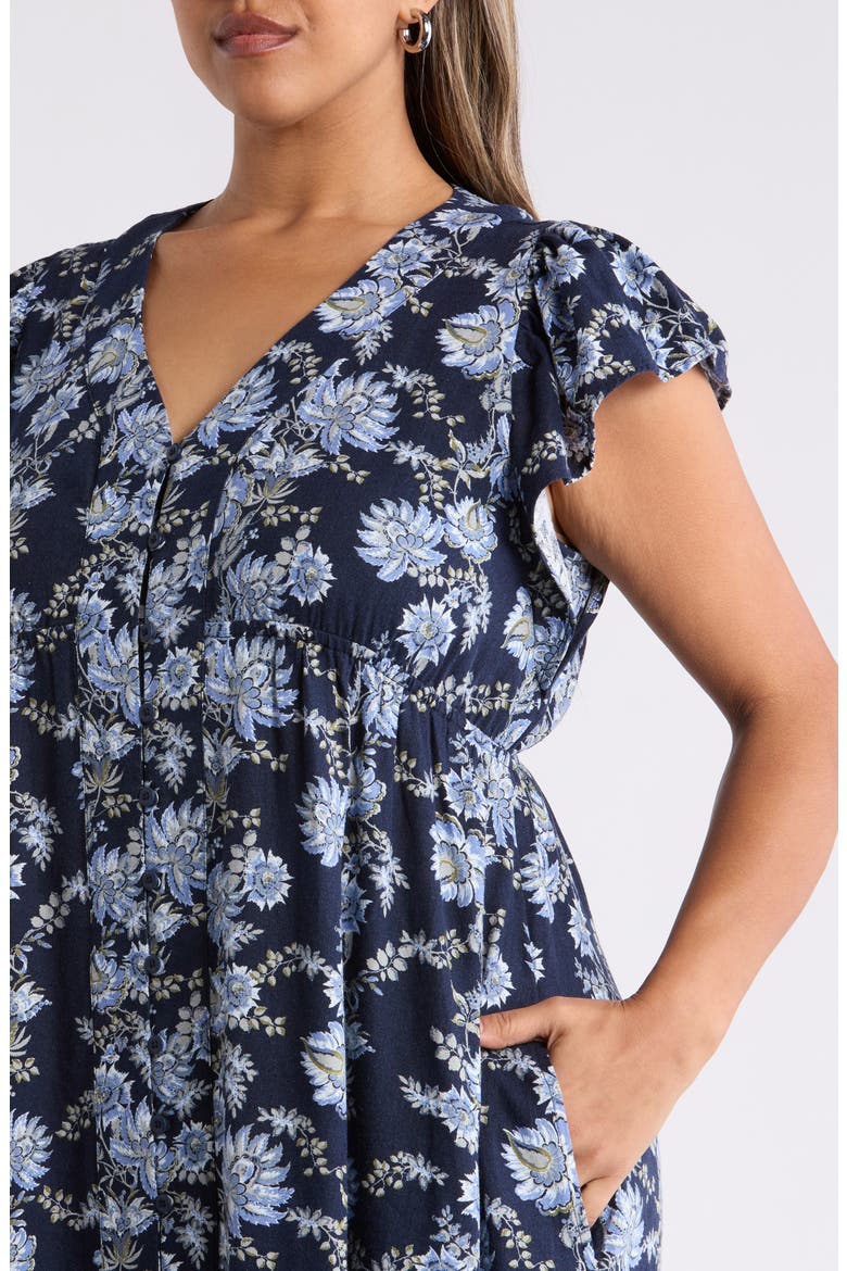Short Sleeve Button Down Linen Blend Midi Dress, Alternate, color, NAVY COTTAGE FLORAL STRIPE