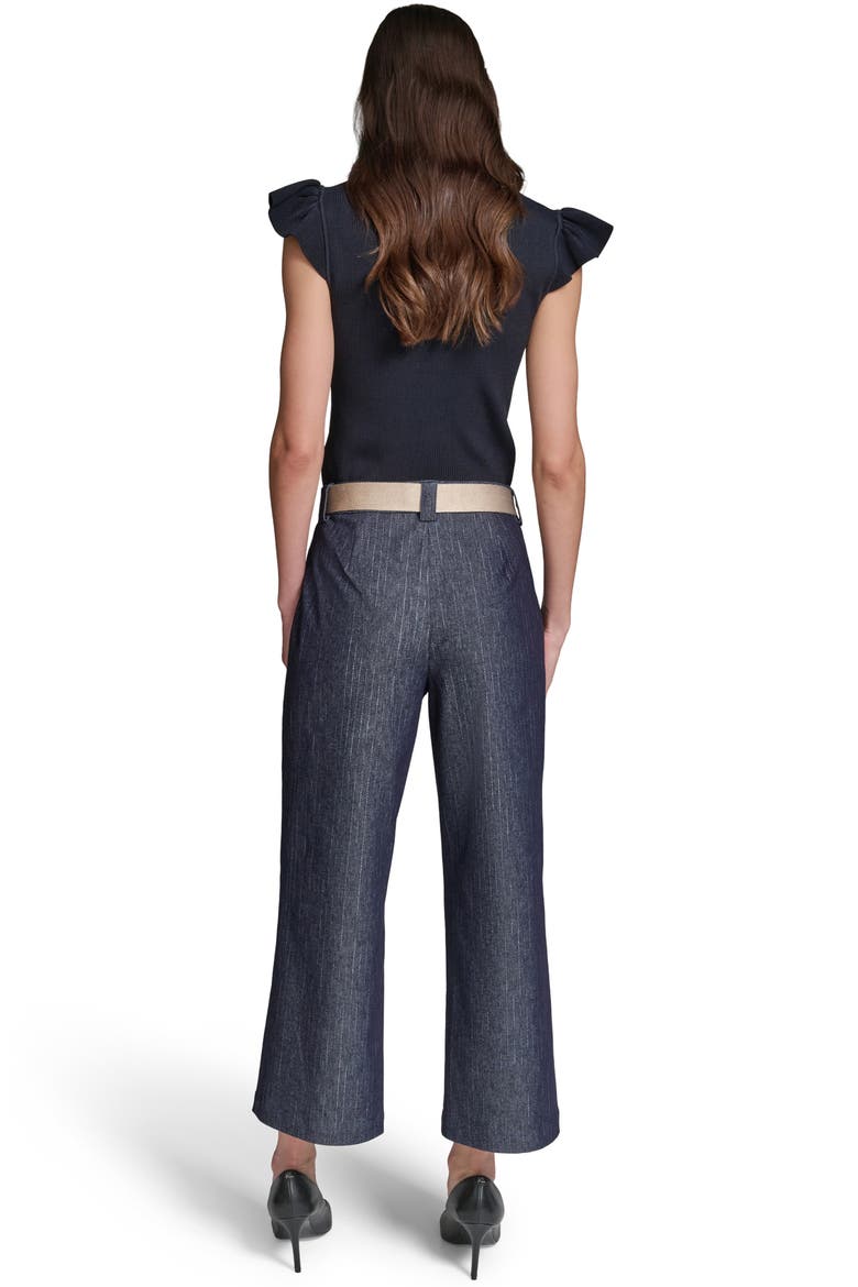 Belted Pinstripe Crop Denim Pants, Alternate, color, DARK WASH