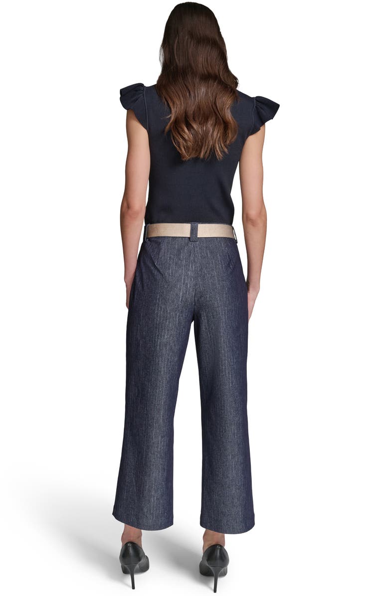 KARL LAGERFELD PARIS Belted Pinstripe Crop Denim Pants, Alternate, color, Dark Wash