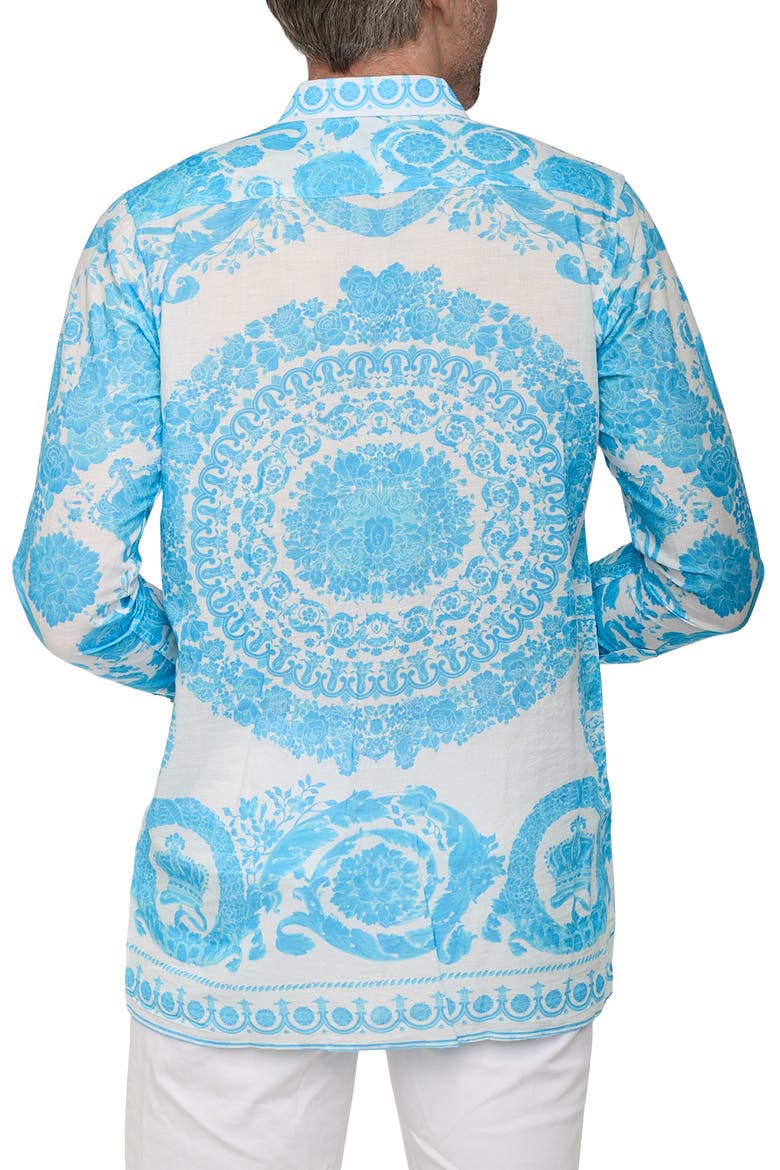 Extra Trim Fit Print Linen & Cotton Button-Up Resort Shirt, Alternate, color, BLUE