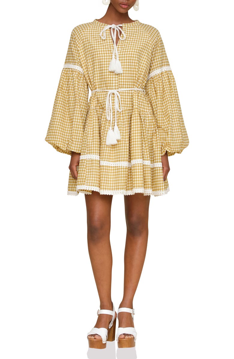 Avec Les Filles Gingham Print Long Sleeve Minidress, Main, color, Olio Gingham