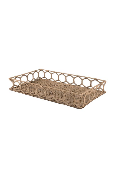 Honeycomb 19.75" Rustic Bohemian Hand-Woven Rattan Tray, Natural