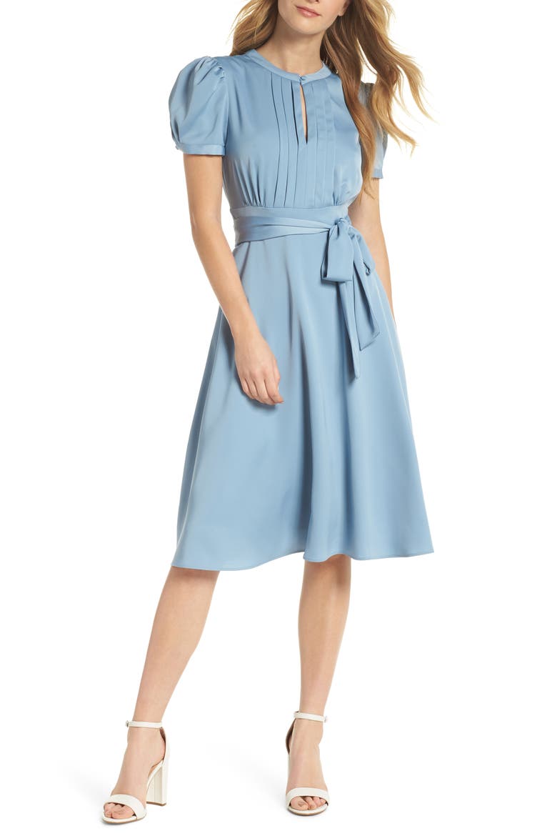 Marilyn Satin Fit & Flare Dress, Main, color, CORNFLOWER