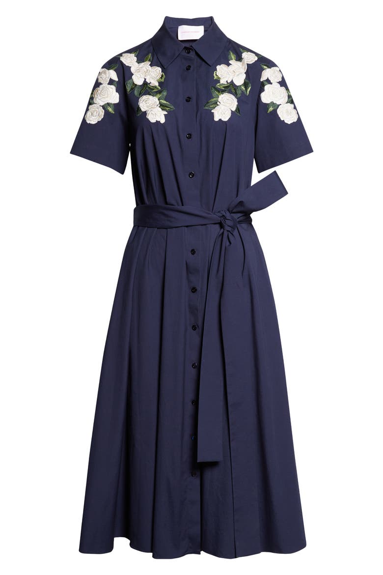 Floral Embroidered Midi Stretch Cotton Shirtdress, Alternate, color, MIDNIGHT