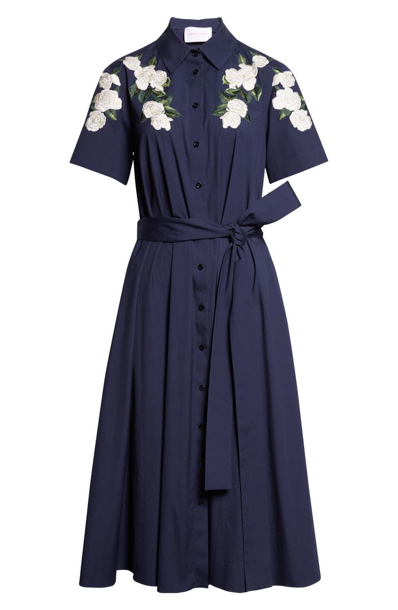 Carolina Herrera Floral Embroidered Midi Stretch Cotton Shirtdress, Alternate, color, Midnight