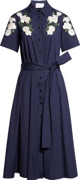 Carolina Herrera Floral Embroidered Midi Stretch Cotton Shirtdress