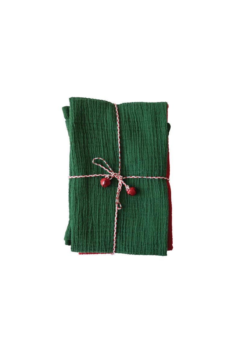 Woven Cotton Double Cloth Tea Towels with String and Bells, Multicolor, Set of 3, Main, color, Green
