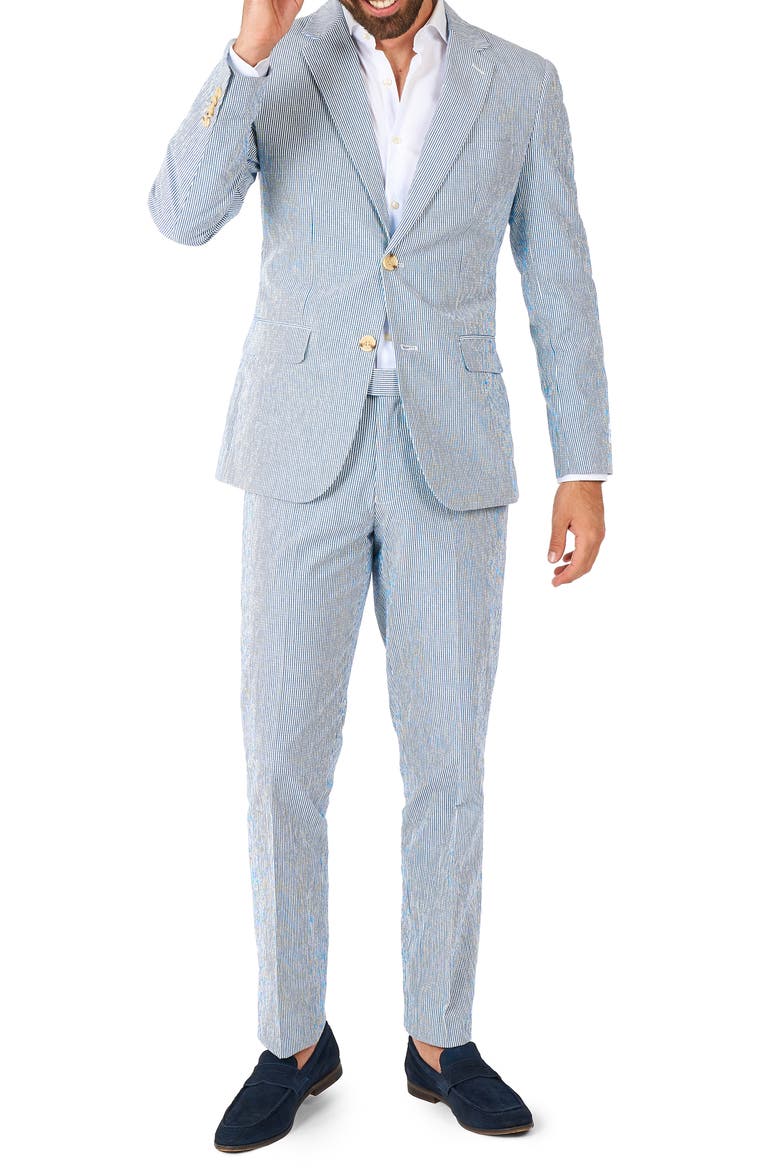 Daily Slim Fit Stripe Stretch Cotton Seersucker Suit, Main, color, BLUE