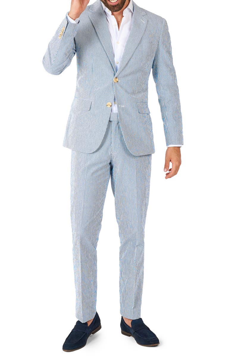 OppoSuits Daily Slim Fit Stripe Stretch Cotton Seersucker Suit, Main, color, Blue