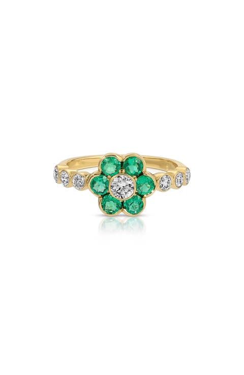 18k Gold Emerald & Diamond Flower Ring