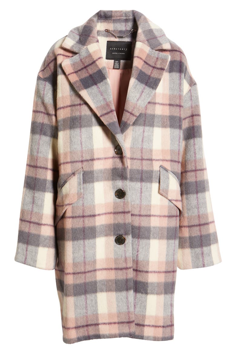 Plaid Long Coat, Main, color, PINK/ GREY PLAID