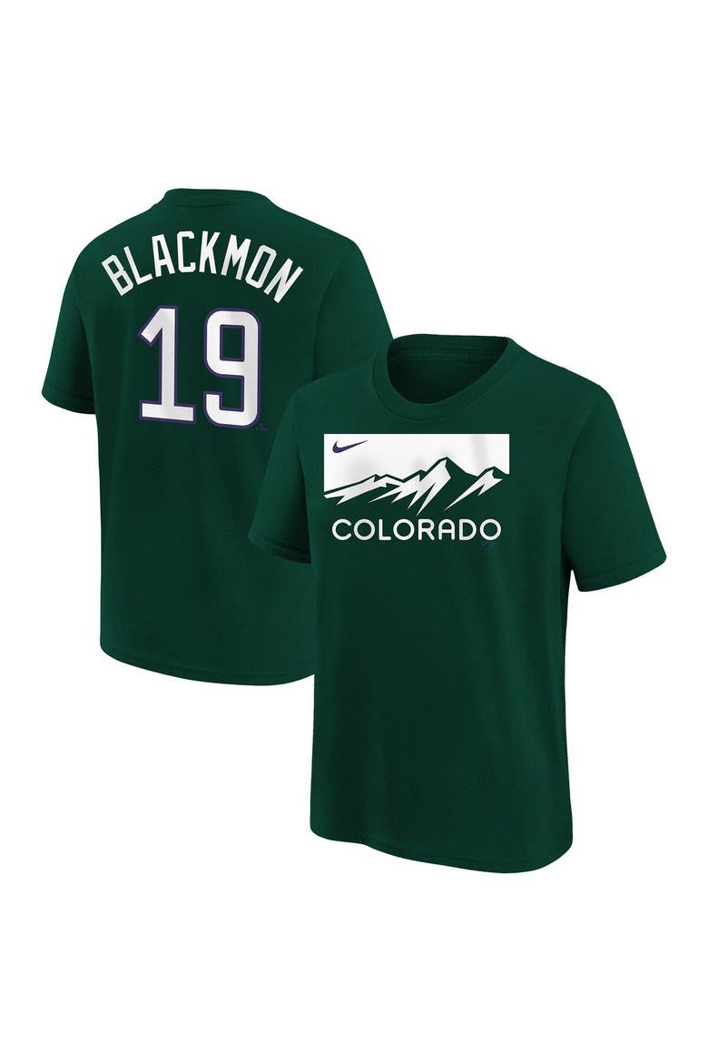 Youth Nike Charlie Blackmon Green Colorado Rockies 2022 City Connect Name & Number T-Shirt, Main, color, White