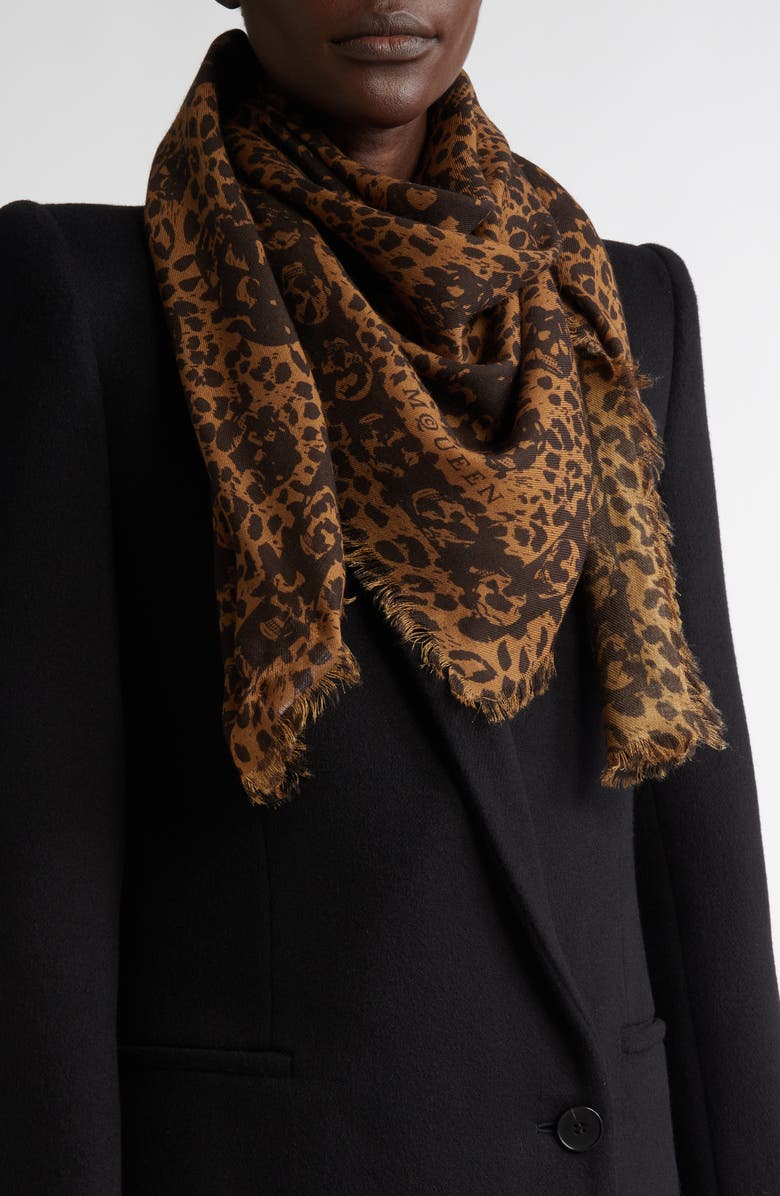 McQueen Leopard Skull Wool Fringe Scarf, Alternate, color, 