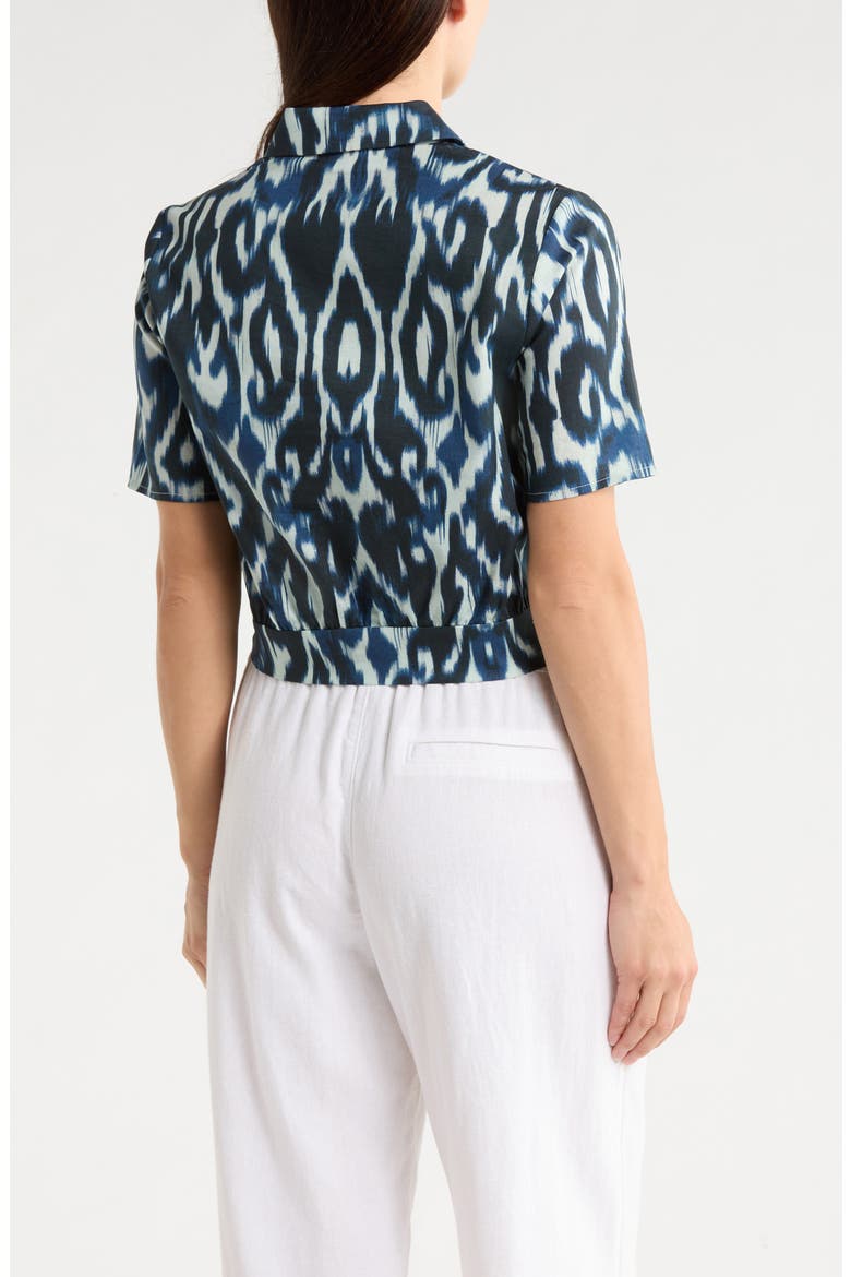 Short Sleeve Tie Front Cotton & Linen Crop Shirt, Alternate, color, IVORY/ NAVY IKAT PRINT
