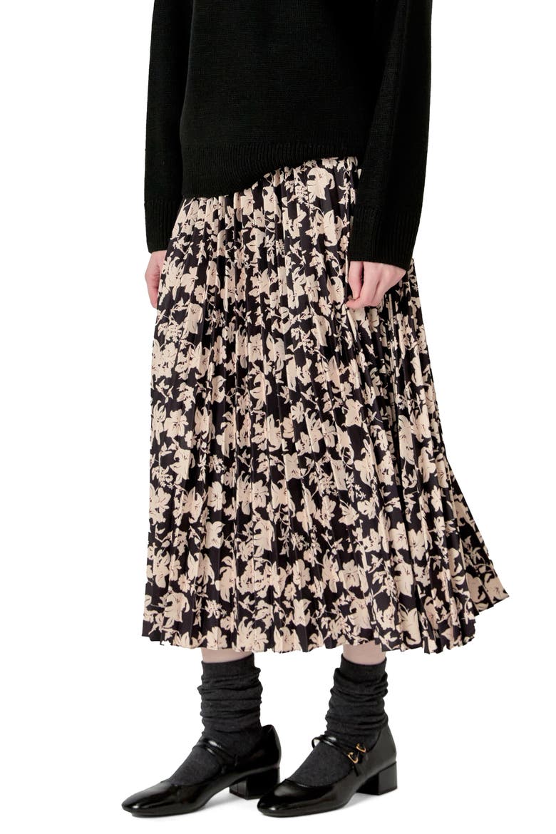 Floral Print Pleated Midi Skirt, Alternate, color, BLACK MULTI