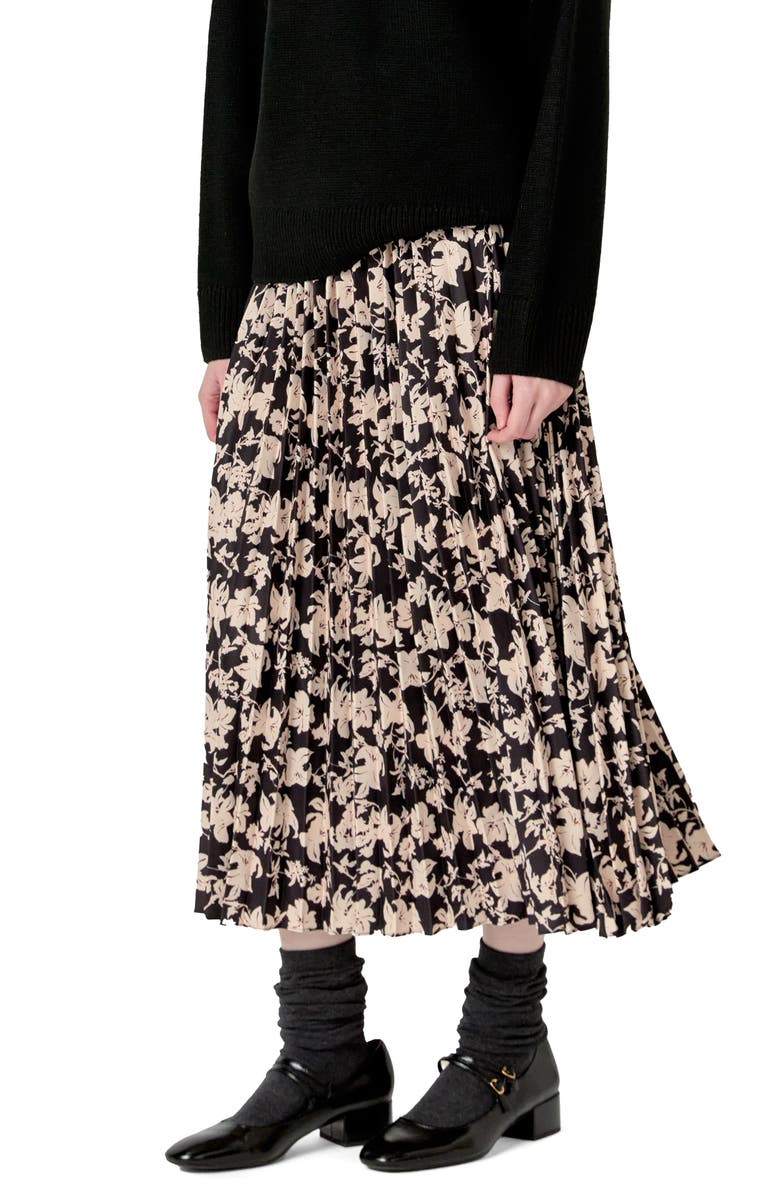 English Factory Floral Print Pleated Midi Skirt, Alternate, color, Black Multi