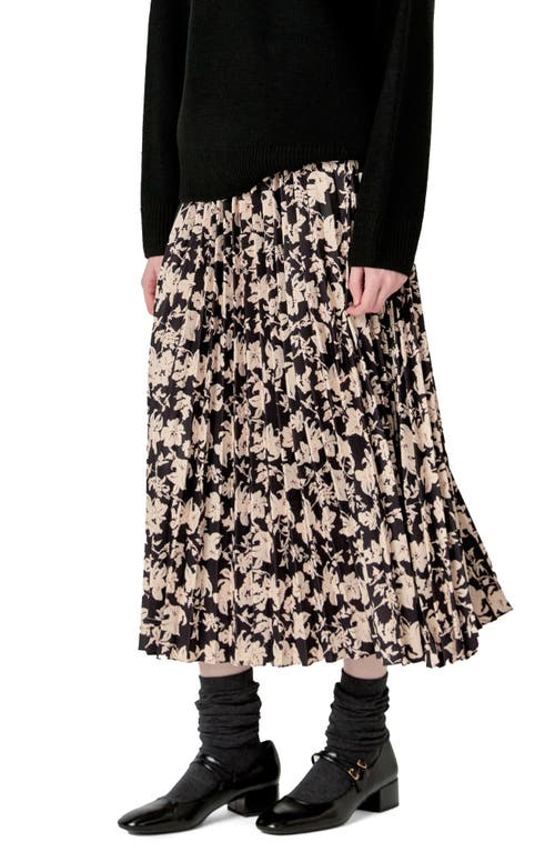 English Factory Floral Print Pleated Midi Skirt In Black Multi