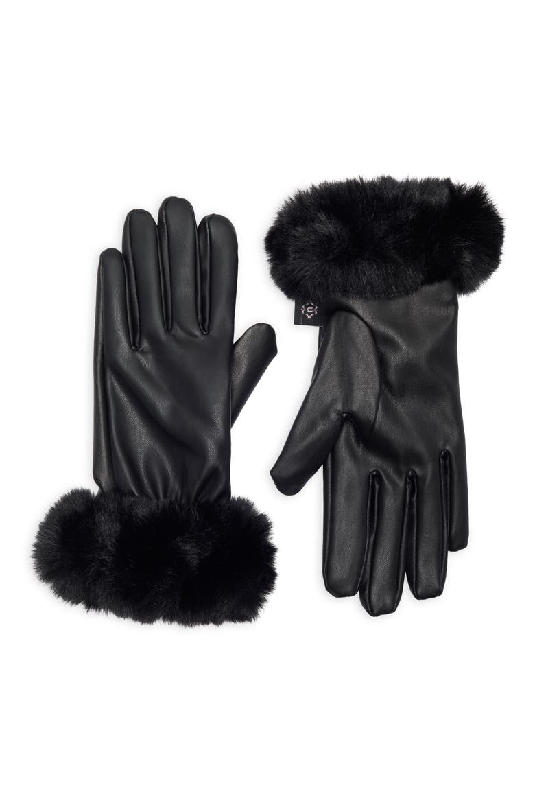 Tech Gloves with Faux Fur Trim, Main, color, BLACK
