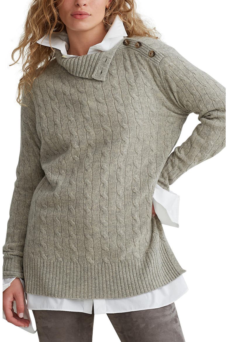 Cable Shoulder Button Convertible Turtleneck Sweater, Main, color, LIGHT VINTAGE HEATHER