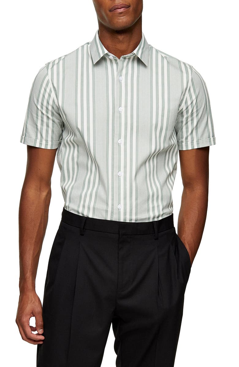 Topman Stripe Slim Fit Short Sleeve Button-Up Shirt, Main, color,