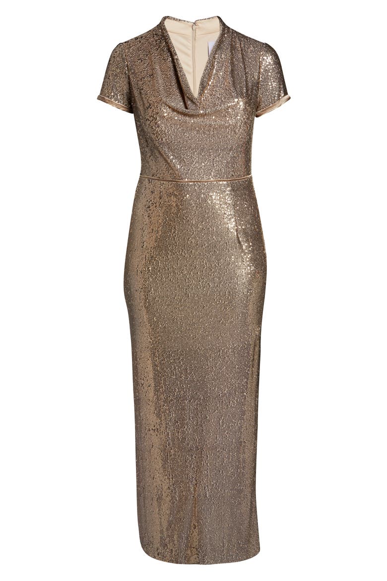 Sequin Cowl Neck Column Gown, Alternate, color, GOLD