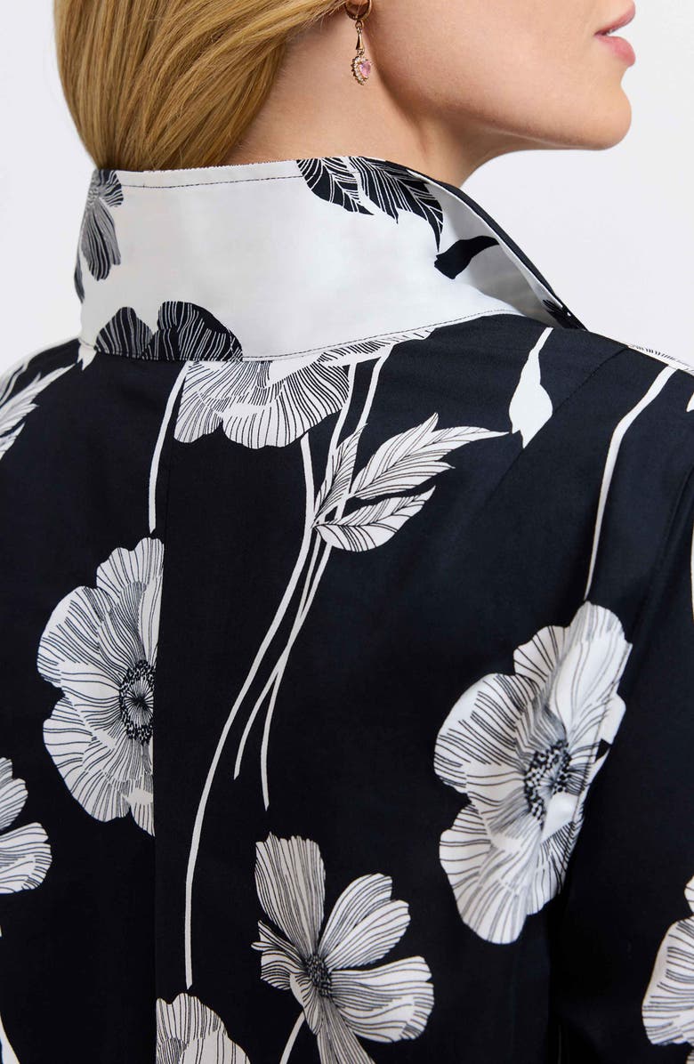 Foxcroft Agnes Poppy Print Three-Quarter Sleeve Popover Top, Alternate, color, Black/ White