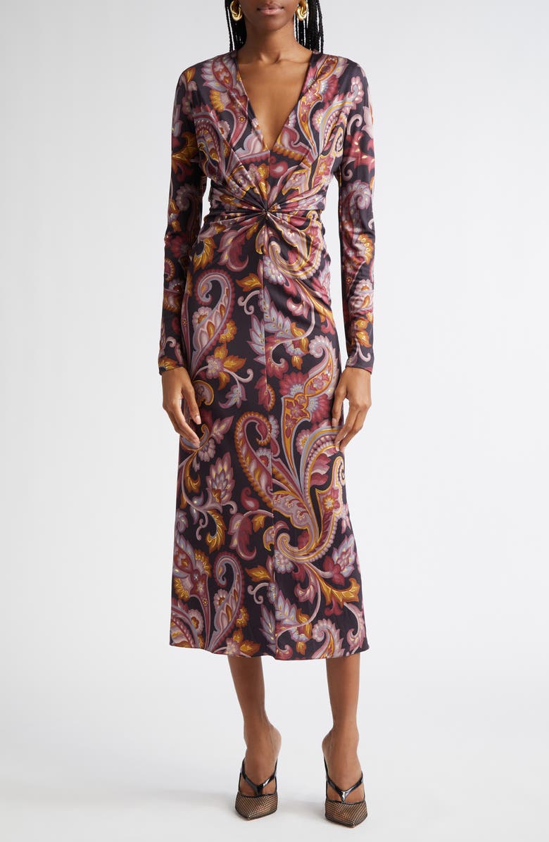 Etro Paisley Long Sleeve Stretch Twill Dress, Main, color, Printed Black Base