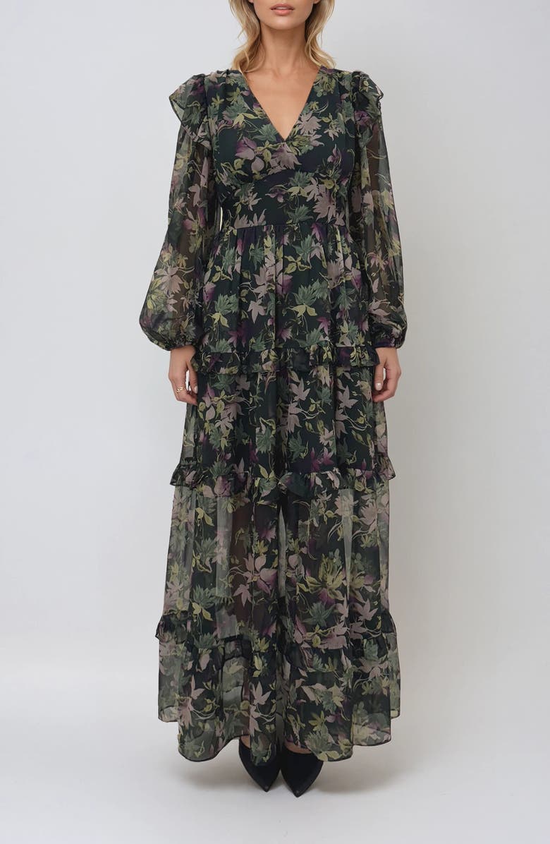 MELLODAY Print Ruffle Long Sleeve Chiffon Maxi Dress, Main, color, Hunter Green Floral