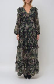 MELLODAY Print Ruffle Long Sleeve Chiffon Maxi Dress