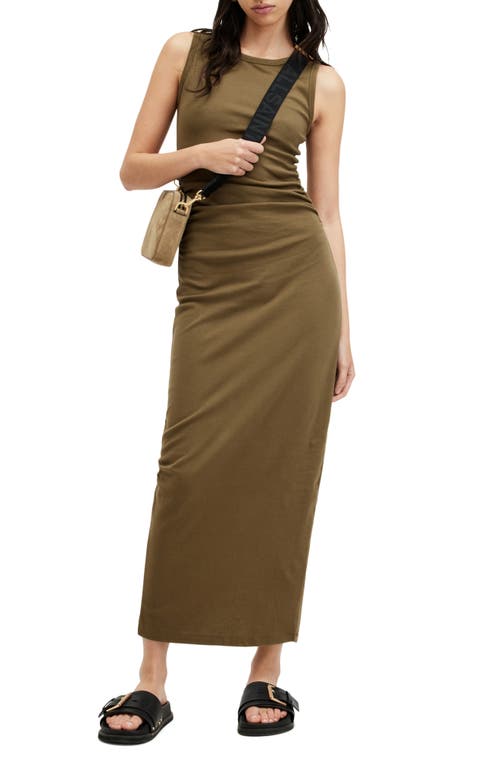 Allsaints Womens Olive Green Katarina Side-ruched Slim-fit Cotton Maxi Dress In Olive Green