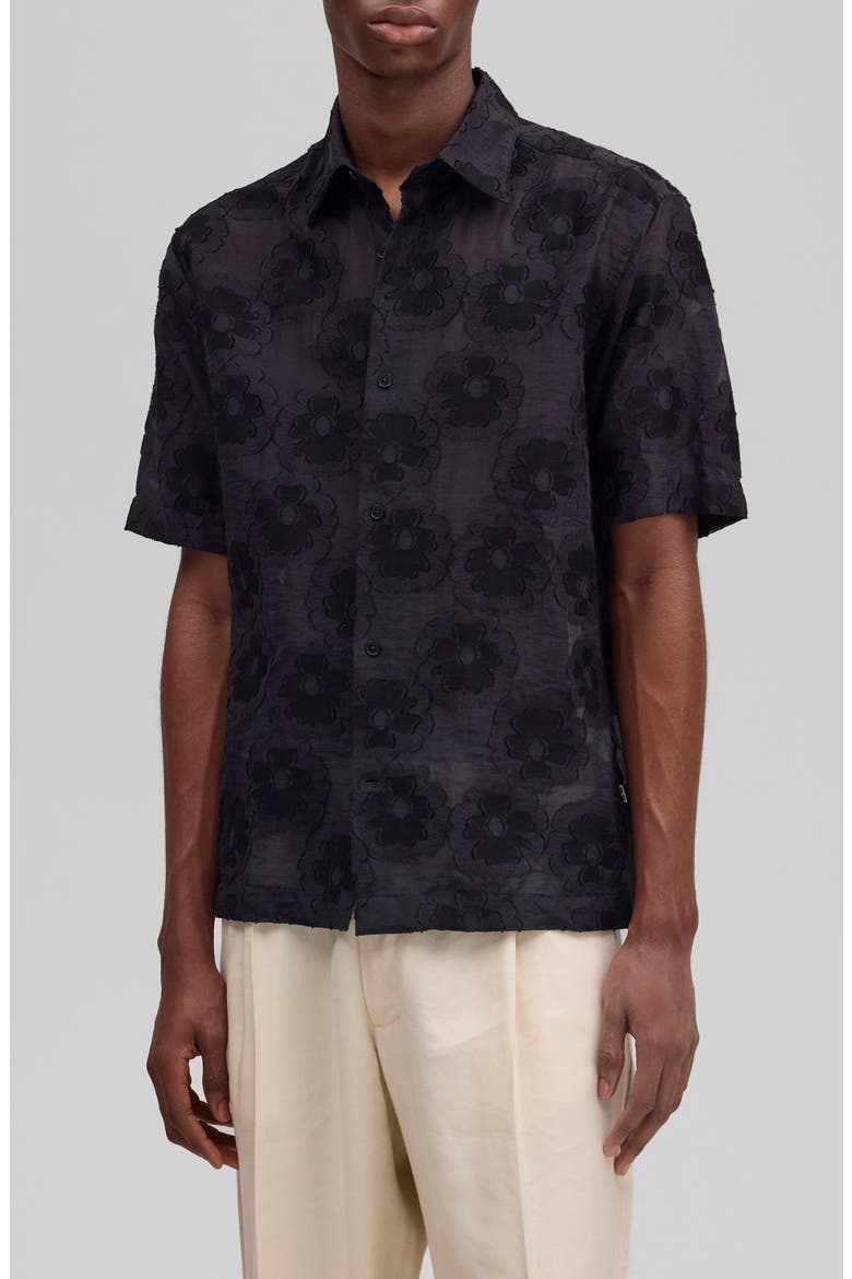 Freddy 50045 Embroidered Floral Short Sleeve Cotton Blend Button-Up Shirt, Main, color, BLACK