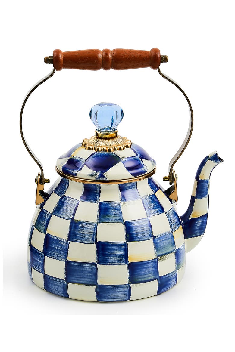 Royal Check Enameled Steel 2-Quart Tea Kettle, Main, color, BLUE/ WHITE