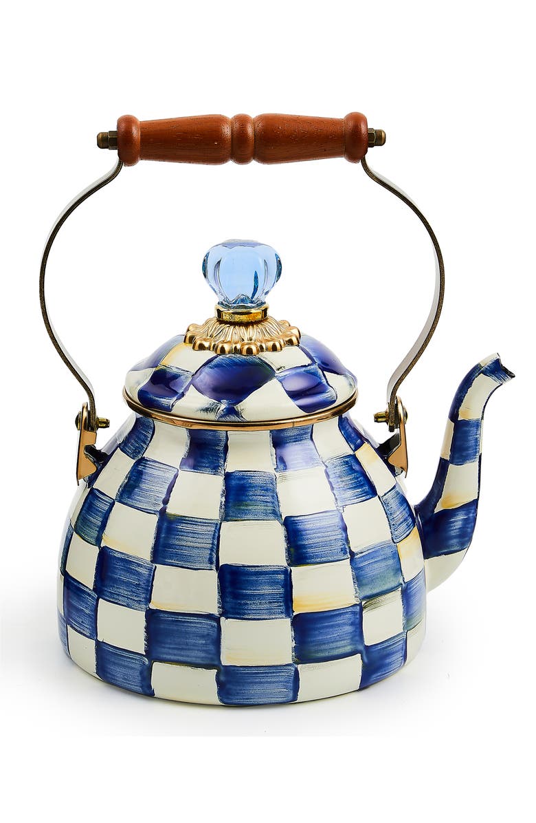MACKENZIE CHILDS Royal Check Enameled Steel 2-Quart Tea Kettle, Main, color, Blue/ White