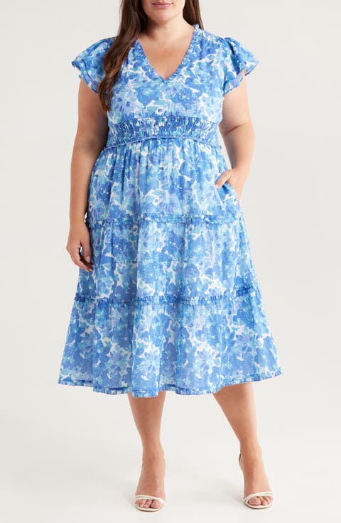 Flutter Sleeve Clip Dot Tiered Midi Dress (Plus)
