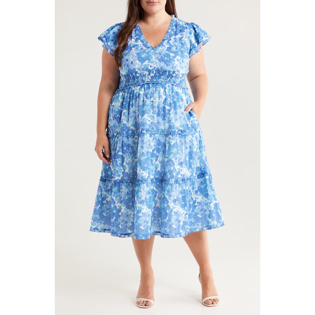 Chelsea28 Flutter Sleeve Clip Dot Tiered Midi Dress