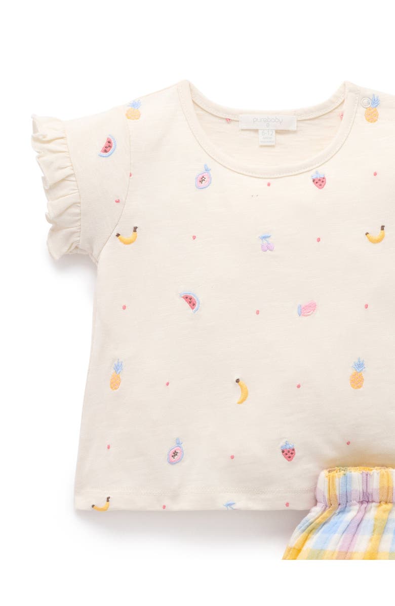 Purebaby Fruity Embroidered Top & Short Set, Alternate, color, Lila Check